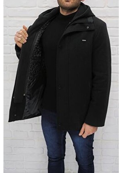 Erkek Siyah Kapüşonlu Yün Karışımlı Kaşe Kaba modelleri