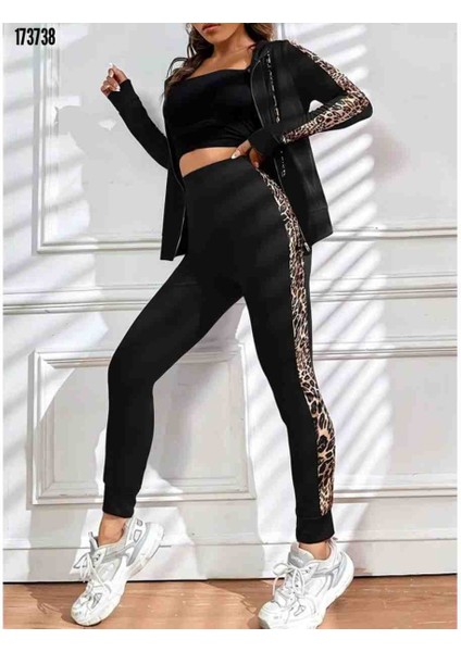 Kadın Uzun Kollu Kapşonlu Fermuarlı Bağcıklı Viskon Iki Iplik Bluz ve Pantolon Tayt, Kırmızı Gül Figürlü Kolye Hediye