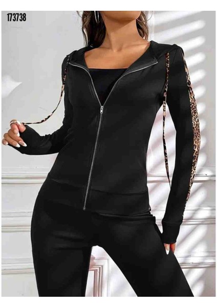 Kadın Uzun Kollu Kapşonlu Fermuarlı Bağcıklı Viskon Iki Iplik Bluz ve Pantolon Tayt, Kırmızı Gül Figürlü Kolye Hediye fiyatları