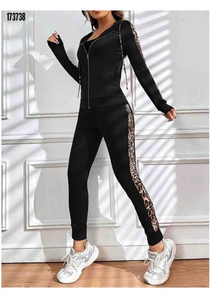 Kadın Uzun Kollu Kapşonlu Fermuarlı Bağcıklı Viskon Iki Iplik Bluz ve Pantolon Tayt, Kırmızı Gül Figürlü Kolye Hediye modelleri