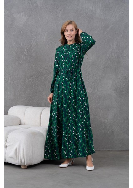 Kadın Tesettüre Uygun Desenli Uzun Kol Beli Bağcıklı Maxi Boy Rahat Büyük Beden Şık Pamuk Elbise