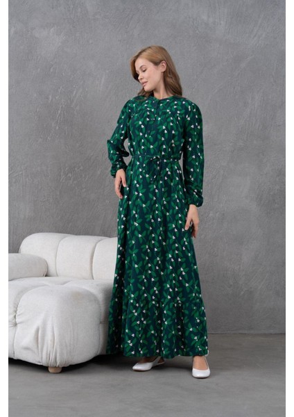 Kadın Tesettüre Uygun Desenli Uzun Kol Beli Bağcıklı Maxi Boy Rahat Büyük Beden Şık Pamuk Elbise fiyatları