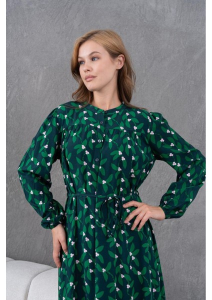 Kadın Tesettüre Uygun Desenli Uzun Kol Beli Bağcıklı Maxi Boy Rahat Büyük Beden Şık Pamuk Elbise modelleri