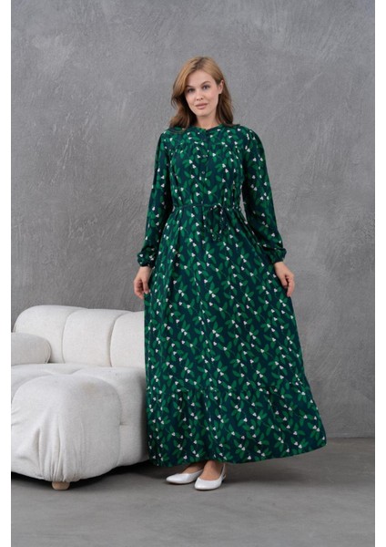 Kadın Tesettüre Uygun Desenli Uzun Kol Beli Bağcıklı Maxi Boy Rahat Büyük Beden Şık Pamuk Elbise fırsatları