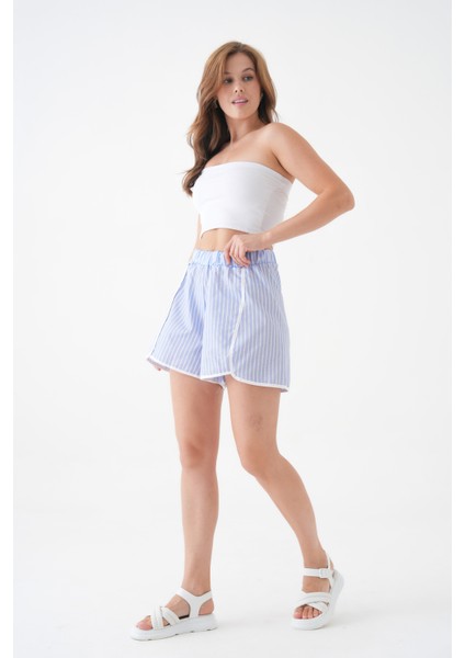 Kadın Yüksek Bel Beli Lastikli Desenli Etek Görünümlü Çizgili Spor Şık Poplin Şort fiyatları