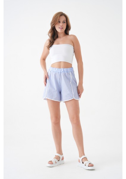 Kadın Yüksek Bel Beli Lastikli Desenli Etek Görünümlü Çizgili Spor Şık Poplin Şort modelleri