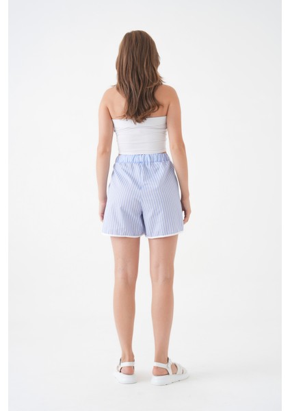 Kadın Yüksek Bel Beli Lastikli Desenli Etek Görünümlü Çizgili Spor Şık Poplin Şort fırsatları