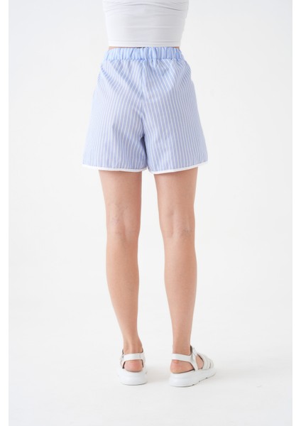 Kadın Yüksek Bel Beli Lastikli Desenli Etek Görünümlü Çizgili Spor Şık Poplin Şort indirimleri