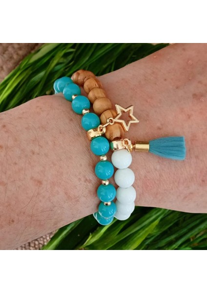 Ocean Sıkma Turkuaz Taşı & Sandal Ağacı Ikili Bileklik – Beyaz Oniks Ipek Püskül