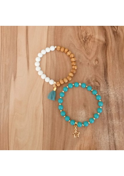 Ocean Sıkma Turkuaz Taşı & Sandal Ağacı Ikili Bileklik – Beyaz Oniks Ipek Püskül fiyatları