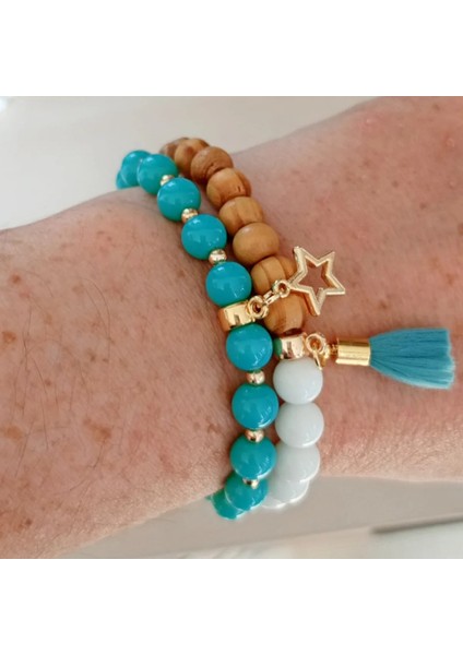 Ocean Sıkma Turkuaz Taşı & Sandal Ağacı Ikili Bileklik – Beyaz Oniks Ipek Püskül modelleri
