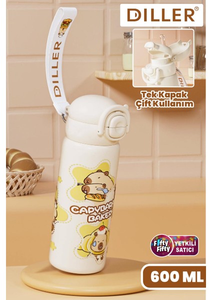 Dıller 600 ml Tek Kapak Çift Kullanım Pipetli/pipetsiz Taşıma El Askılı Vacum Cup/çelik Termos -FFD9361-600