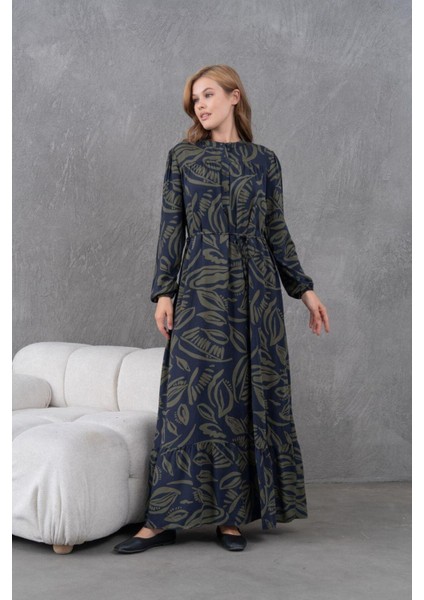 Kadın Tesettüre Uygun Desenli Uzun Kol Beli Bağcıklı Maxi Boy Rahat Büyük Beden Şık Pamuk Elbise