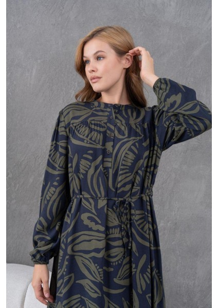 Kadın Tesettüre Uygun Desenli Uzun Kol Beli Bağcıklı Maxi Boy Rahat Büyük Beden Şık Pamuk Elbise fiyatları