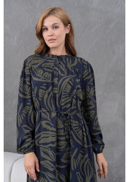 Kadın Tesettüre Uygun Desenli Uzun Kol Beli Bağcıklı Maxi Boy Rahat Büyük Beden Şık Pamuk Elbise modelleri