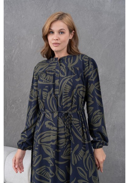 Kadın Tesettüre Uygun Desenli Uzun Kol Beli Bağcıklı Maxi Boy Rahat Büyük Beden Şık Pamuk Elbise fırsatları