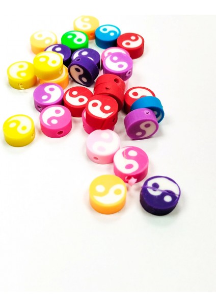 90 Adet 10 mm Polimer Kil Fimo Boncuk Takı Bileklik + 5 Metre Lastikli Misina Hediye - Renkli Yin Yang fiyatları