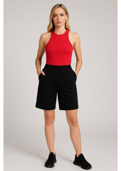 Kadın Beli Lastikli Yüksek Bel Iki Cepli Şehir Boy Yazlık Şort