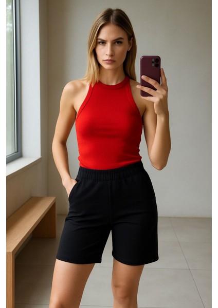 Kadın Beli Lastikli Yüksek Bel Iki Cepli Şehir Boy Yazlık Şort fiyatları