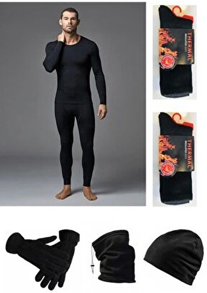Erkek Siyah Termal Alt Üst Takım-Polar Şapka-Eldiven-Boyunluk-2 Çift Termal Çorap Set