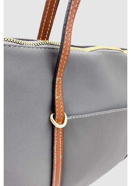 Velie Paraşüt Kumaş Şeritli Shopper Çanta Gri-Taba fırsatları
