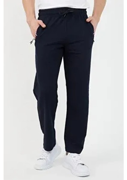 Lacivert Erkek Fermuar Cep Nakış Detaylı Düz Paça Rahat Kesim Premium Kumaş Eşofman Altı