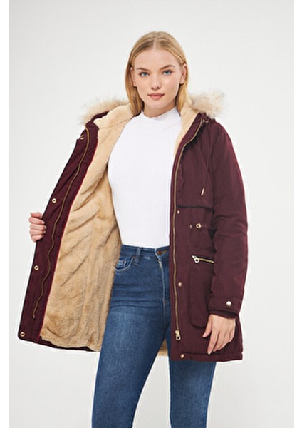 Kadın Vişne Kapüşonlu Kürk Astarlı Kalın Kaban 5565-1