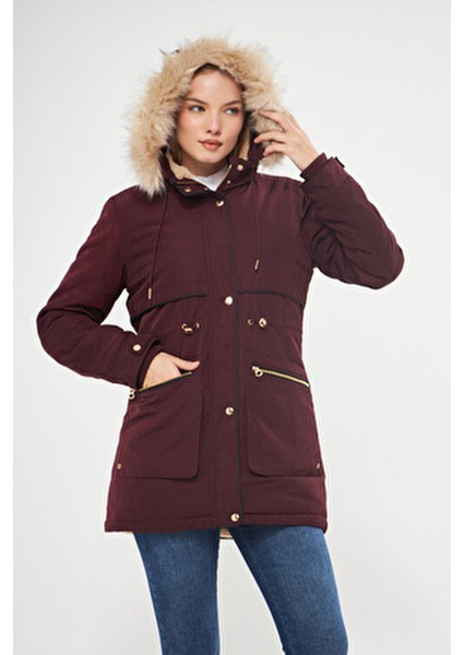 Kadın Vişne Kapüşonlu Kürk Astarlı Kalın Kaban 5565-1 modelleri