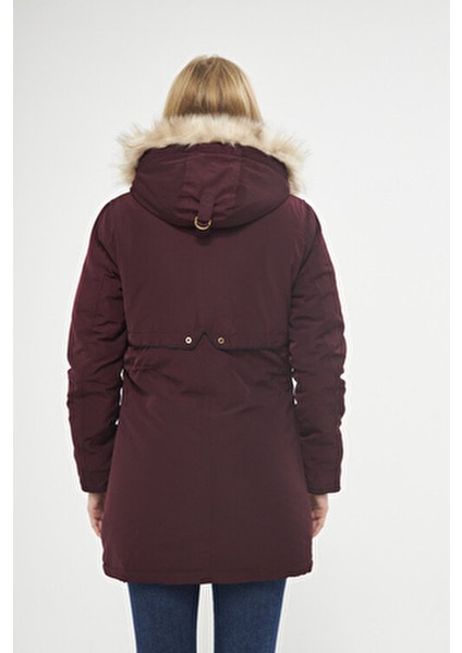 Kadın Vişne Kapüşonlu Kürk Astarlı Kalın Kaban 5565-1 fırsatları