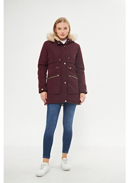 Kadın Vişne Kapüşonlu Kürk Astarlı Kalın Kaban 5565-1 indirimleri