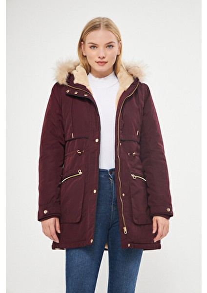 Kadın Vişne Kapüşonlu Kürk Astarlı Kalın Kaban 5565-1
