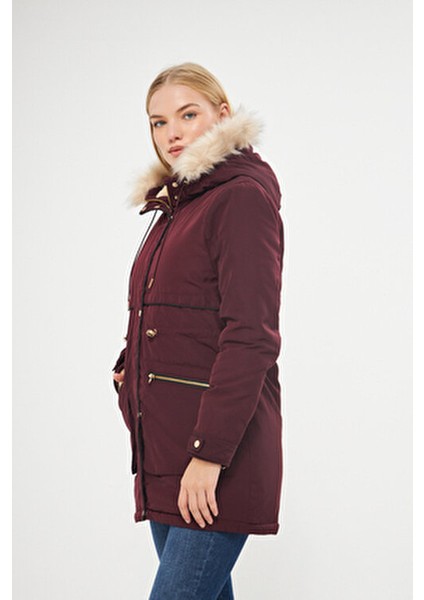 Kadın Vişne Kapüşonlu Kürk Astarlı Kalın Kaban 5565-1