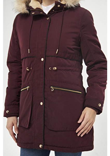 Kadın Vişne Kapüşonlu Kürk Astarlı Kalın Kaban 5565-1