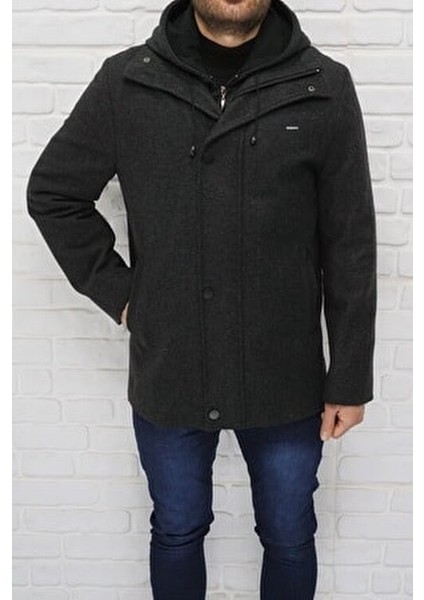 Kapüşonlu Yün Karışımlı Kaban Kadınlar İçin Casual Stil Füme Renk