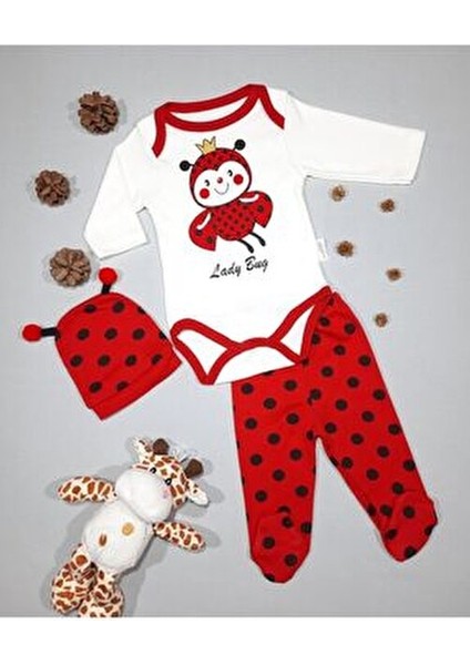 Minibird Kız Bebek Zıbın Takımı 3'lü Kırmızı Uğur Böceği Temalı Uzun Kollu