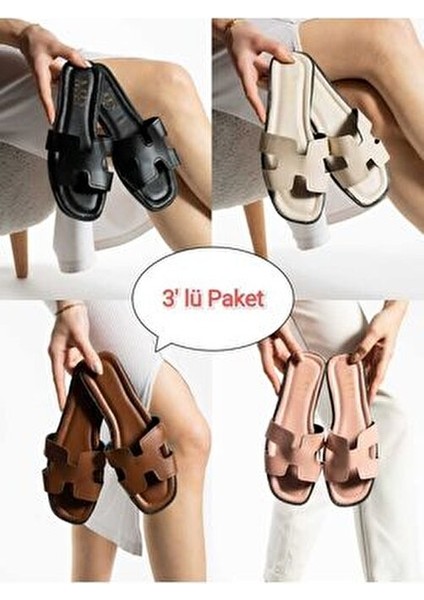 3'lü Paket Önü Yanı Açık Kadın Terlik Dış Mekan ve Ev Terliği