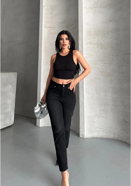 Mom Fit Enzim Bıyıklı Taş Yıkama Jeans Pantolon Siyah D2006 fiyatları