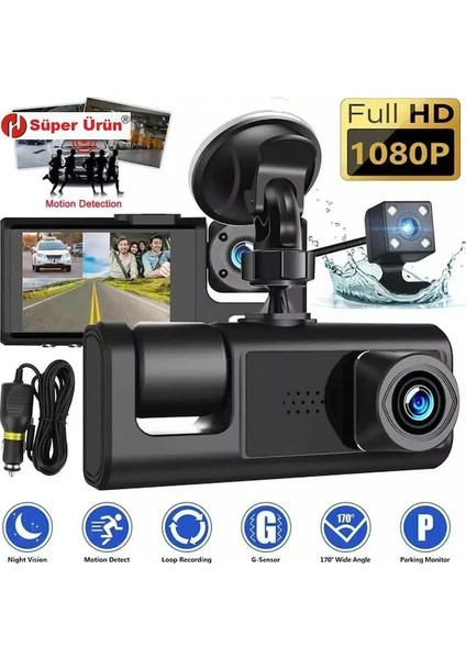 1080P Dash Cam Full Hd Araç Içi Kamera Ön Arka ve Iç Kayıt 3 Kamera Gece Görüşlü G Sensör Geniş Açı