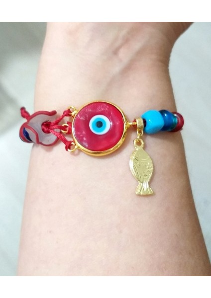 Kırmızı Murano Cam Nazar Balıklı Bodrum Cam Boncuklu Yılbaşı Bileklik modelleri