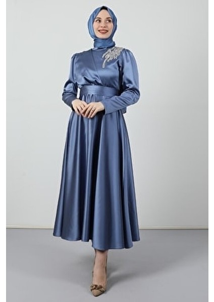 Omzu Taşlı Saten Abiye Indigo