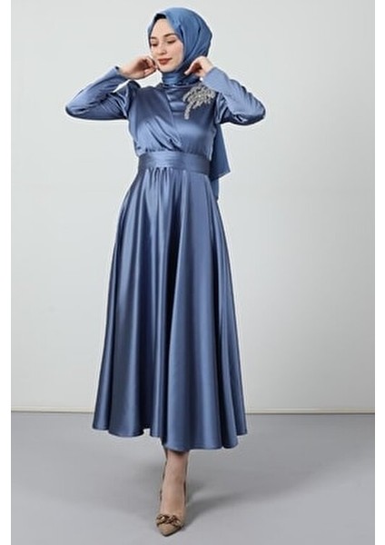 Omzu Taşlı Saten Abiye Indigo fiyatları