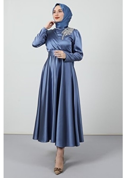 Omzu Taşlı Saten Abiye Indigo modelleri