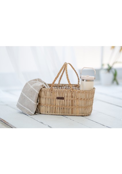 El Yapımı Doğal Hasır Kulplu Sepet – 43X22X18 cm | Piknik Sepeti, Hediye Sepeti ve Organizer Düzenleyici | Dekoratif Çok Amaçlı Sepet
