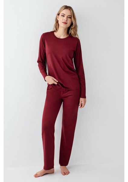 Kadın Bordo Uzunkol Pijama Takım, %50 Pamuk %50 Modal fiyatları
