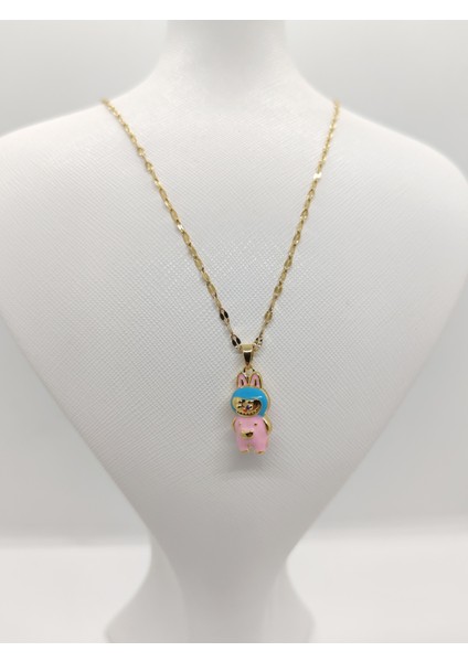Pembe Labubu Figürlü Çelik Kolye Gold