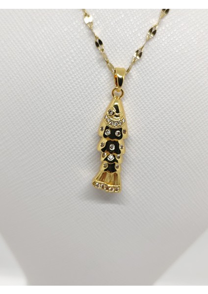 Taşlı Balık Figürlü Çelik Kolye Gold
