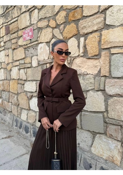 Kadın Belden Kemerli Şık Takım-Blazer&piliseli Etek indirimleri