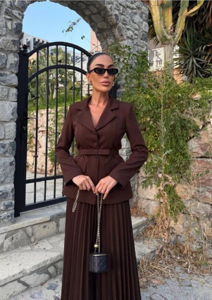 Kadın Belden Kemerli Şık Takım-Blazer&piliseli Etek