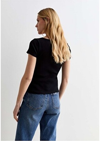 Kadın Siyah Kare Yaka T-Shirt & Bluz , Likralı Fitilli Kaşkorse Kumaş fırsatları