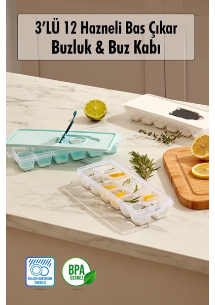 3’lü Set 12 Hazneli Bas Çıkar Buzluk & Buz Kabı